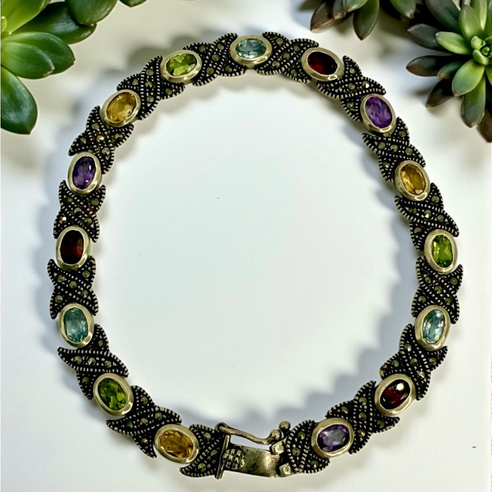 Vintage Multi-Gemstone & Marcasite Bracelet – Sterling Silver 7.5” Artist signed